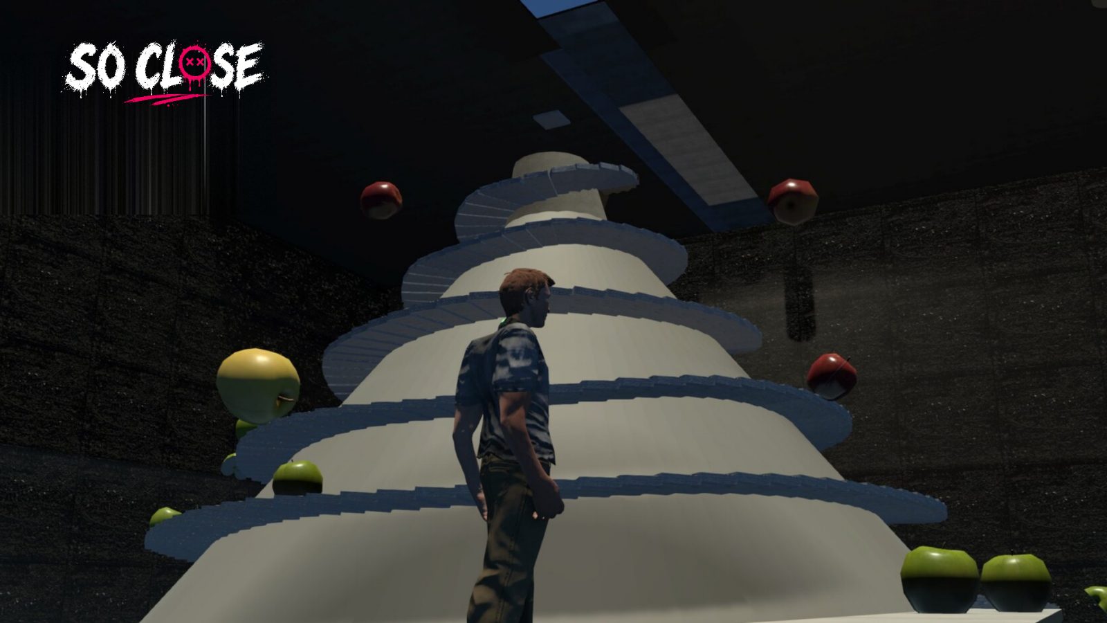 SO CLOSE Raum 04 — Spiralturm mit umherfliegenden Äpfeln