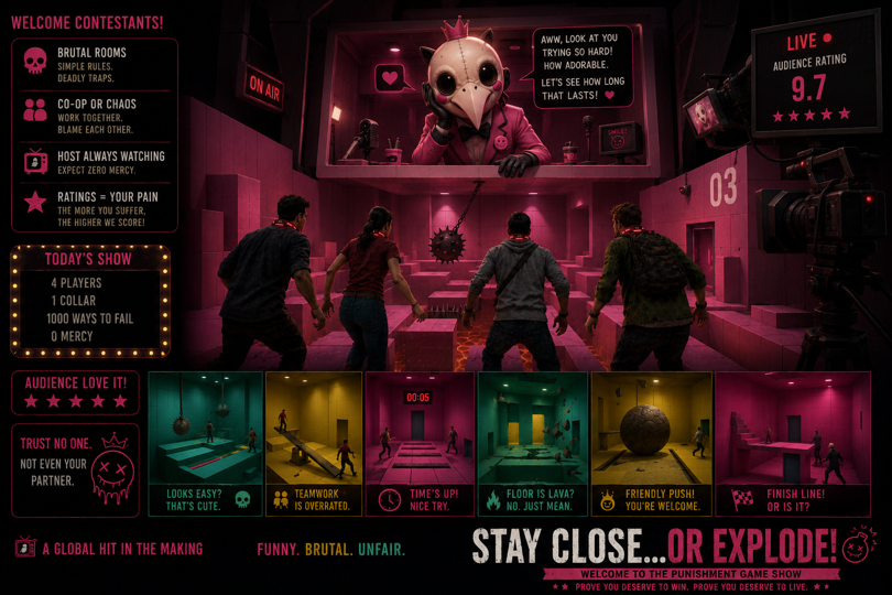 SO CLOSE Key Art: vier Spieler mit explosiven Halsbändern in einer tödlichen Spielshow